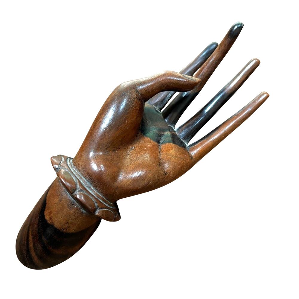 Vintage carved wood hand jewelry display signed dark wood sculptural figurine